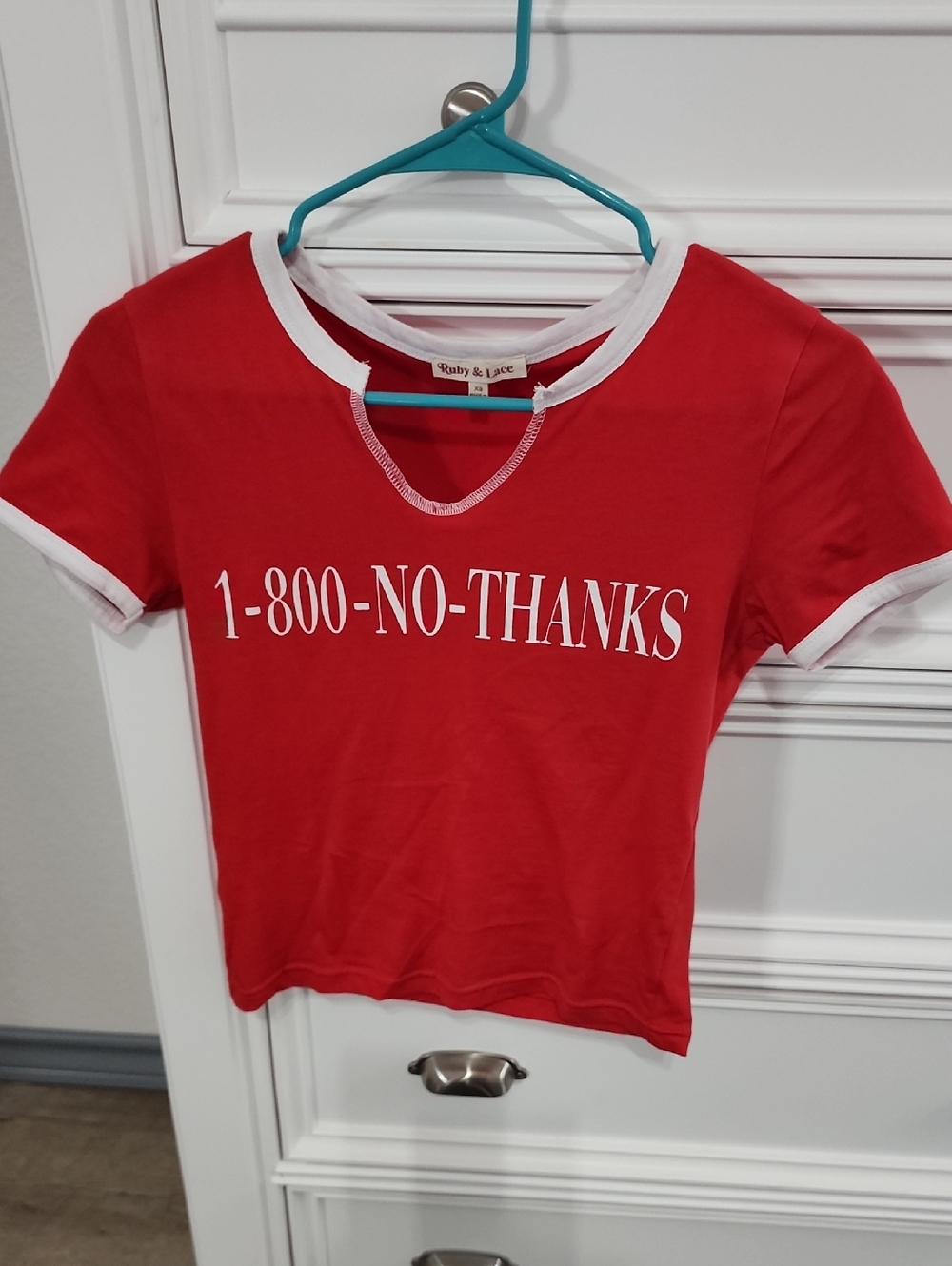 Red Ringer Tee - "1-800-NO-THANKS" Graphic